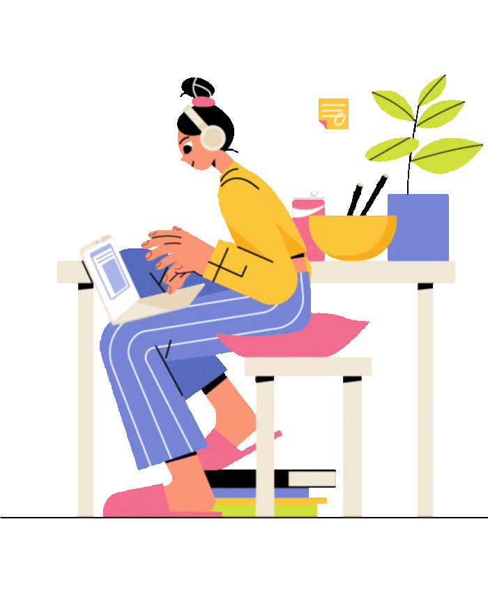 A girl with headphones scrolling on her laptop